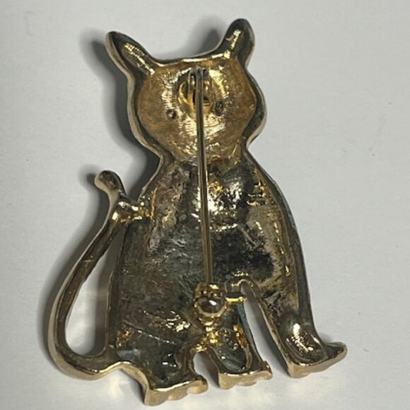 VTG Black Enamel Gold Toned Cat Kitten Brooch Pin Green Eyes 1.5" - Picture 3 of 9